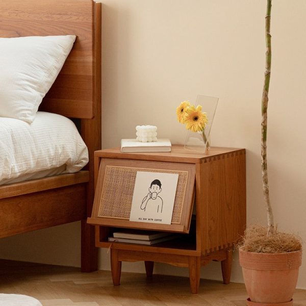 Contemporary Retro Square Cube Flip Door Solid Wood Pine Cherry Wood Nightstand 2 - Tier For Bedroom - Image 2
