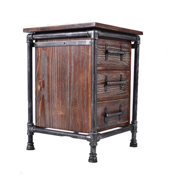 Contemporary Industrial Square Cube Iron Solid Wood Nightstand 3 - Drawer For Bedroom - Image 10