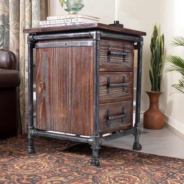 Contemporary Industrial Square Cube Iron Solid Wood Nightstand 3 - Drawer For Bedroom - Image 5