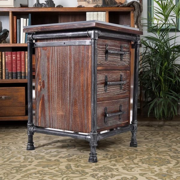 Contemporary Industrial Square Cube Iron Solid Wood Nightstand 3 - Drawer For Bedroom - Image 2