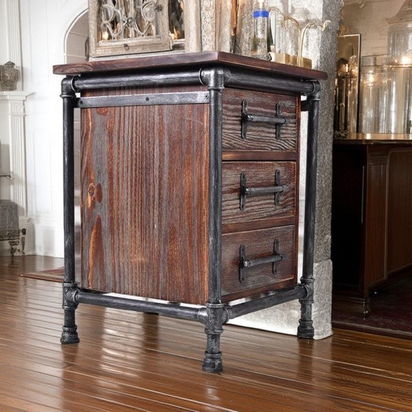 Contemporary Industrial Square Cube Iron Solid Wood Nightstand 3 - Drawer For Bedroom - Image 3