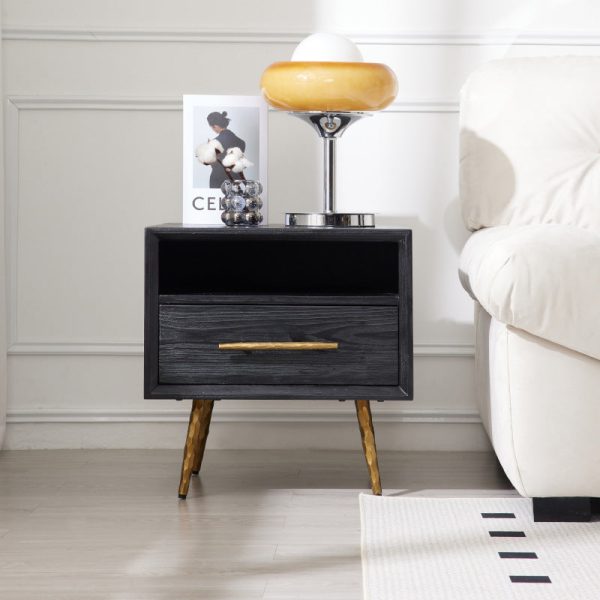 Modern Minimalist Square Cube Fir Ash Iron Nightstand 1 - Drawer For Bedroom