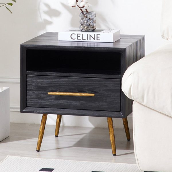 Modern Minimalist Square Cube Fir Ash Iron Nightstand 1 - Drawer For Bedroom - Image 3