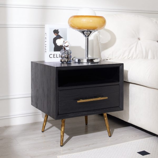Modern Minimalist Square Cube Fir Ash Iron Nightstand 1 - Drawer For Bedroom - Image 2