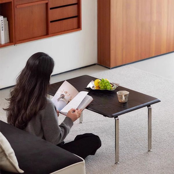 Modern Minimalist Rectangle Solid Wood Board Stainless Steel Coffee Table 1 - Tier For Living Room - Image 3
