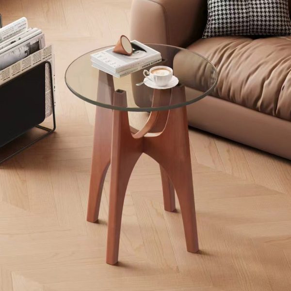 Contemporary Simplicity Round Glass Solid Wood Side Table 1 - Tier For Living Room - Image 2