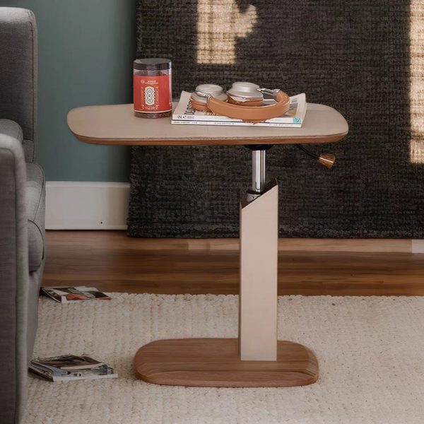 Modern Simplicity Square Liftable Swivel Leather Solid Wood Multilayer Board Stainless Steel End Table 1 - Tier For Living Room - Image 2