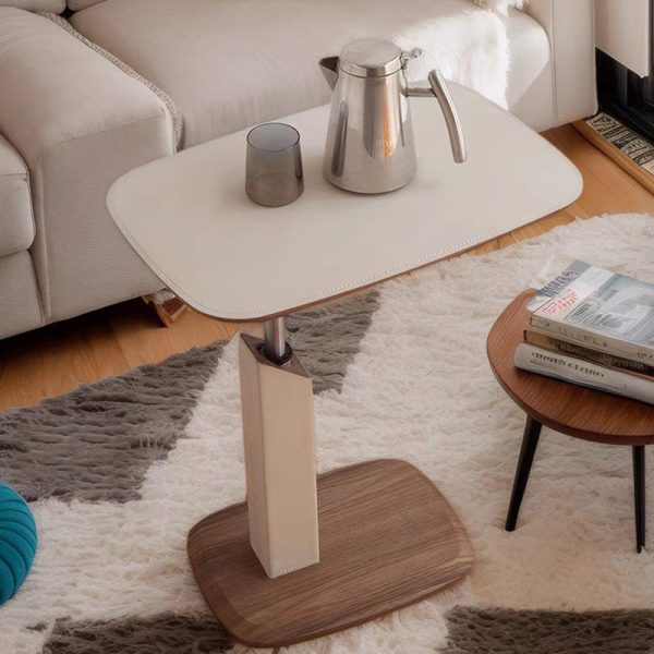 Modern Simplicity Square Liftable Swivel Leather Solid Wood Multilayer Board Stainless Steel End Table 1 - Tier For Living Room - Image 3