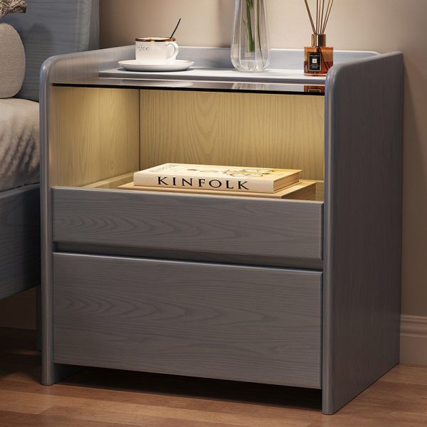 Modern Minimalist Square Cube Glass Ash Solid Wood Nightstand 2 - Drawer For Bedroom - Image 11