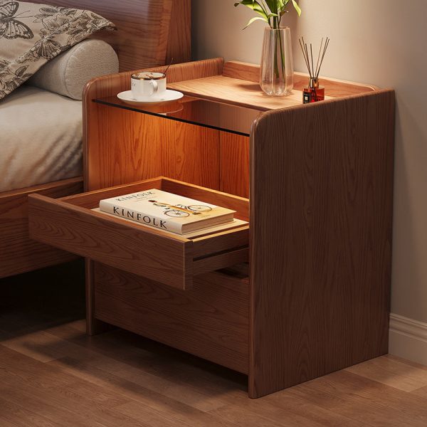 Modern Minimalist Square Cube Glass Ash Solid Wood Nightstand 2 - Drawer For Bedroom - Image 8