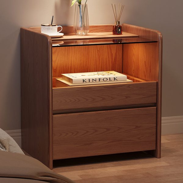 Modern Minimalist Square Cube Glass Ash Solid Wood Nightstand 2 - Drawer For Bedroom