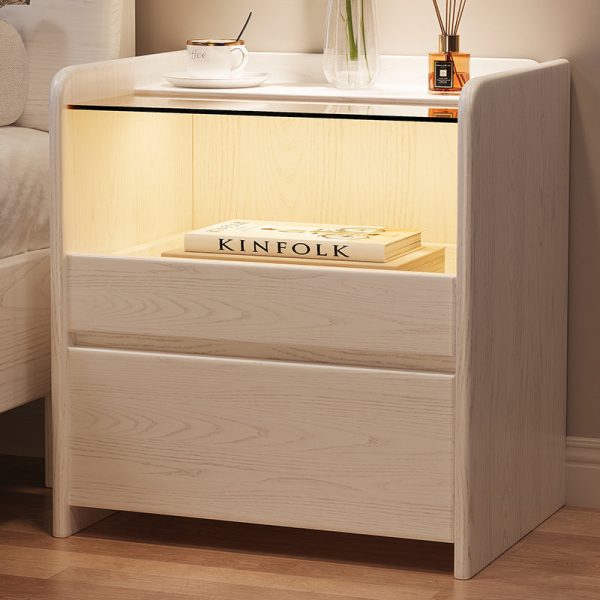 Modern Minimalist Square Cube Glass Ash Solid Wood Nightstand 2 - Drawer For Bedroom - Image 3
