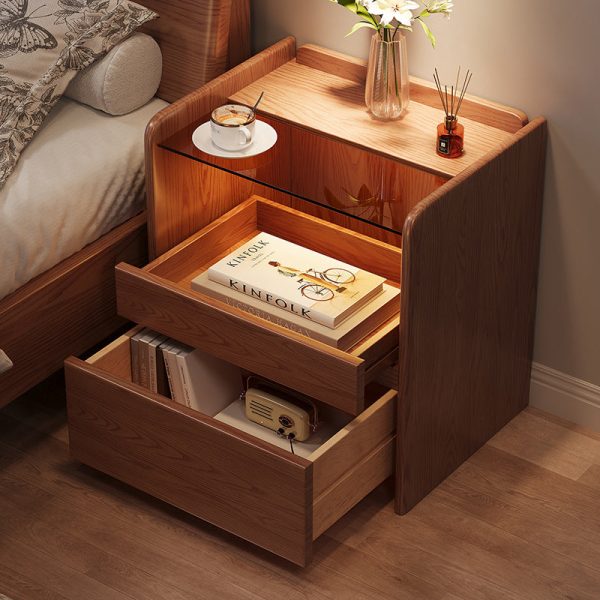 Modern Minimalist Square Cube Glass Ash Solid Wood Nightstand 2 - Drawer For Bedroom - Image 9