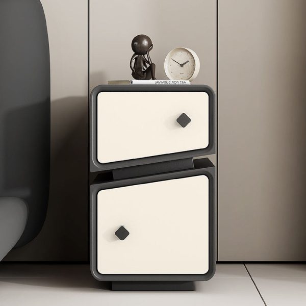 Contemporary Scandinavian Square Cube Leather Solid Wood Multilayer Board Nightstand 2 - Drawer For Bedroom