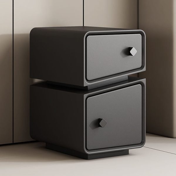 Contemporary Scandinavian Square Cube Leather Solid Wood Multilayer Board Nightstand 2 - Drawer For Bedroom - Image 3