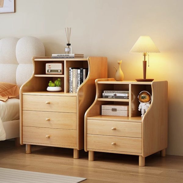 Contemporary Simplicity Square Cube Curved Rubber Wood Solid Wood Nightstand 2/3 - Drawer Side Table For Living Room - Image 2