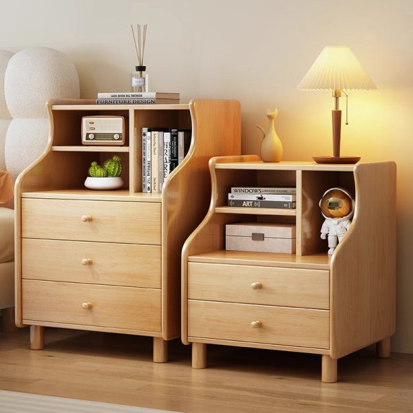 Contemporary Simplicity Square Cube Curved Rubber Wood Solid Wood Nightstand 2/3 - Drawer Side Table For Living Room - Image 16