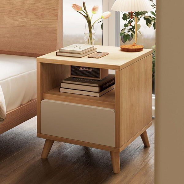 Modern Minimalist Rectangular Solid Wood Panel Nightstand 1/2 Drawer For Bedroom - Image 2