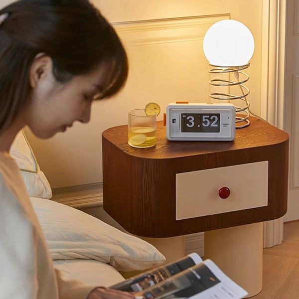 Contemporary Creative Rectangular Round Corner Cylinder Base Solid Wood Density Plank Nightstand For Bedroom - Image 21