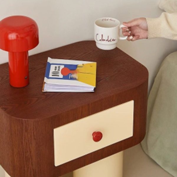 Contemporary Creative Rectangular Round Corner Cylinder Base Solid Wood Density Plank Nightstand For Bedroom - Image 12