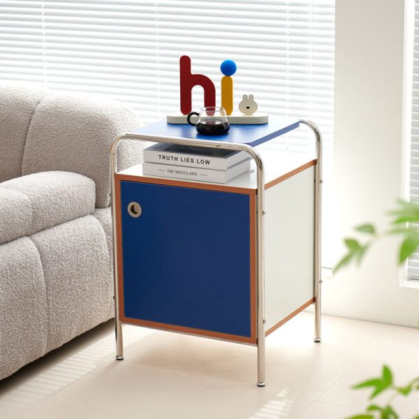 Modern Minimalist Rectangular Rounded Corner Panel Stainless Steel Nightstand 1-Cabinet For Bedroom - Image 17