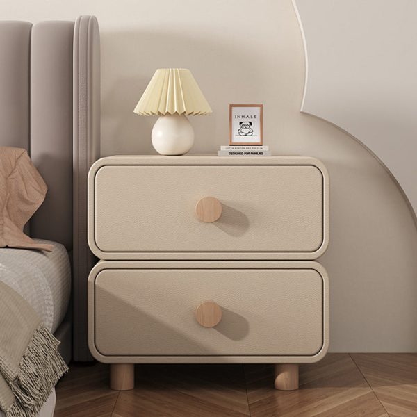 Modern Minimalist Cream Rectangular Solid Wood Nightstand 2-Drawer For Bedroom - Image 3