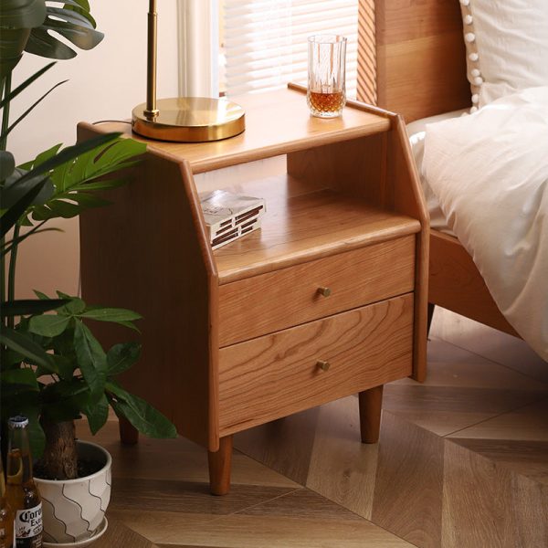 Traditional Japanese Trapezoidal Rectangular Solid Wood Nightstand 2-Tier 2-Drawer For Bedroom - Image 2