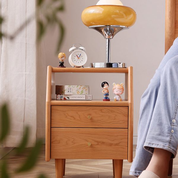 Traditional Japanese Trapezoidal Rectangular Solid Wood Nightstand 2-Tier 2-Drawer For Bedroom - Image 13