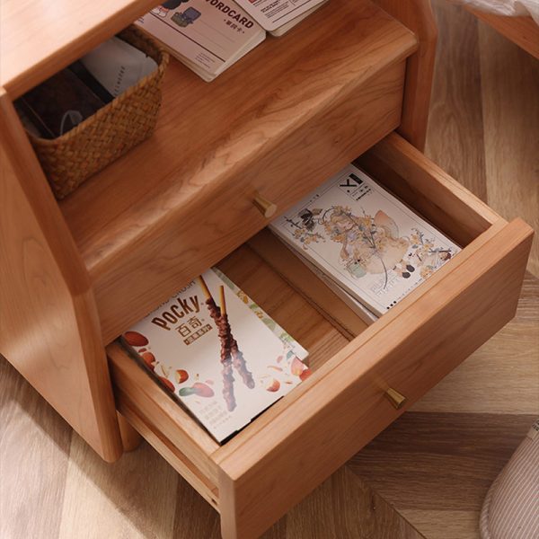 Traditional Japanese Trapezoidal Rectangular Solid Wood Nightstand 2-Tier 2-Drawer For Bedroom - Image 7