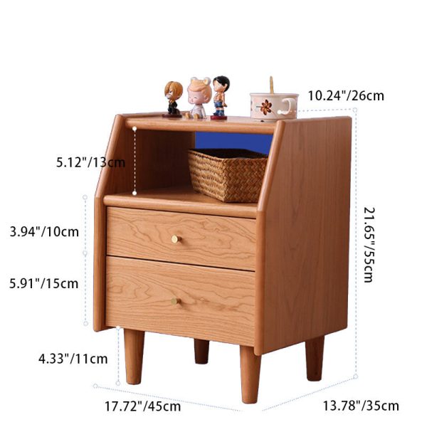 Traditional Japanese Trapezoidal Rectangular Solid Wood Nightstand 2-Tier 2-Drawer For Bedroom - Image 4