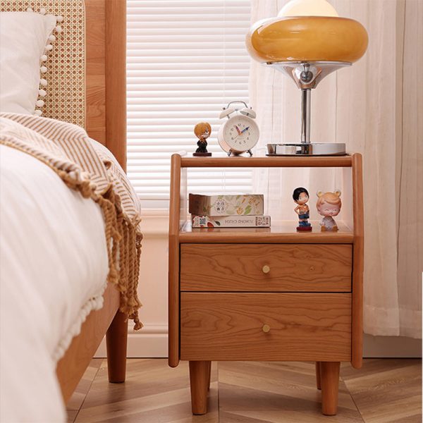 Traditional Japanese Trapezoidal Rectangular Solid Wood Nightstand 2-Tier 2-Drawer For Bedroom - Image 15