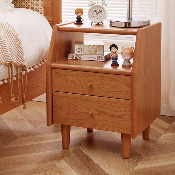 Traditional Japanese Trapezoidal Rectangular Solid Wood Nightstand 2-Tier 2-Drawer For Bedroom - Image 3