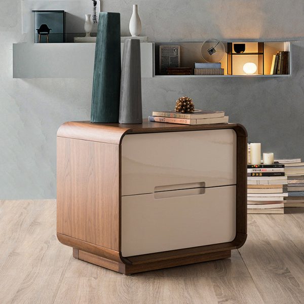 Contemporary Nordic Rectangular Rounded Corner Wood Grain Wood Density Panel Nightstand 2-Drawer For Bedroom - Image 13