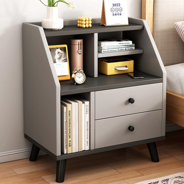 Modern Minimalist Rectangular Trapezoidal Artificial Panel PVC Nightstand 2-Drawer For Bedroom - Image 12