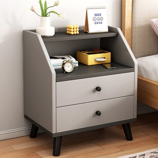 Modern Minimalist Rectangular Trapezoidal Artificial Panel PVC Nightstand 2-Drawer For Bedroom - Image 15