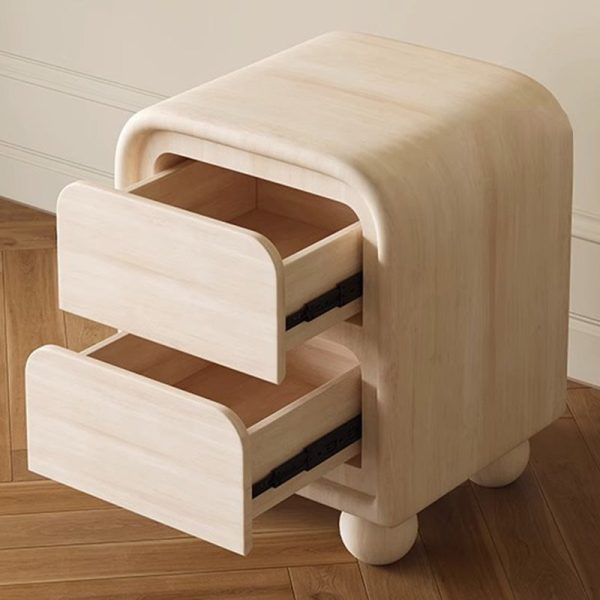 Modern Minimalist Cream Rectangular Round Corner Ball Base Solid Wood Nightstand 2-Drawer For Bedroom - Image 6