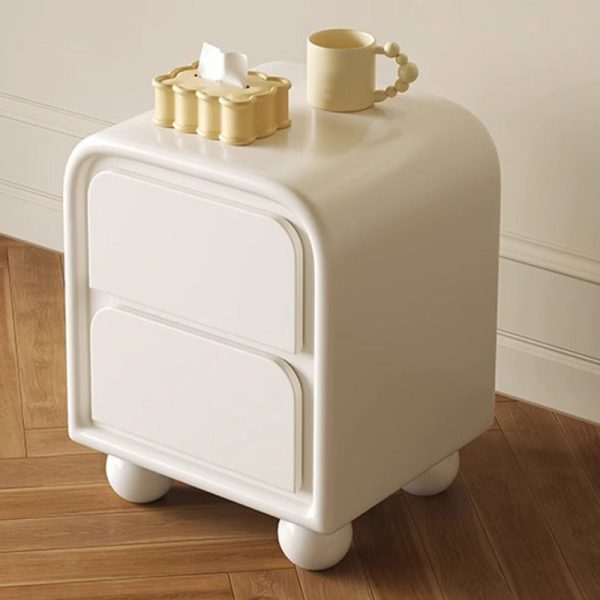 Modern Minimalist Cream Rectangular Round Corner Ball Base Solid Wood Nightstand 2-Drawer For Bedroom - Image 3