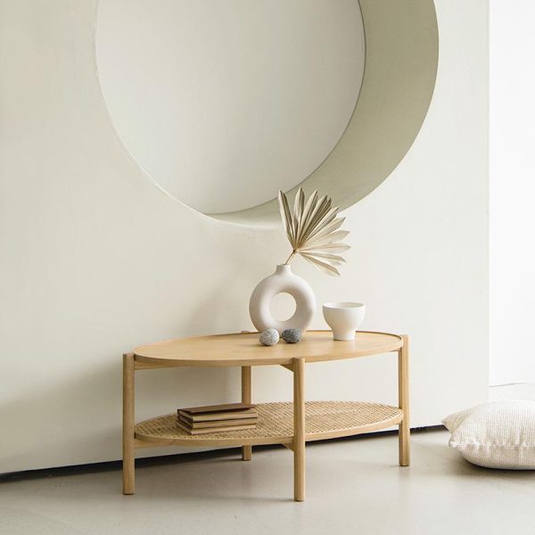 Traditional Japanese Oval Wooden Rattan Coffee Table 2-Tier For Living Room