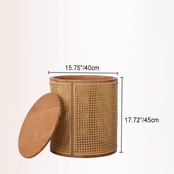 Traditional Japanese Cylinder Solid Wood Rattan End Table 1-Storage For Living Room - Image 4