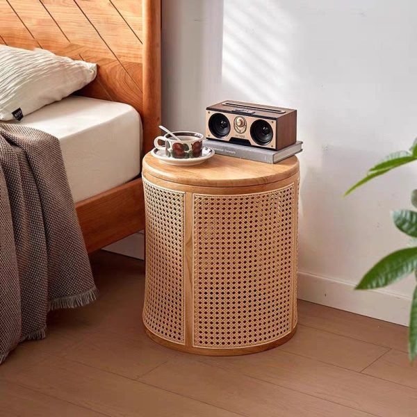 Traditional Japanese Cylinder Solid Wood Rattan End Table 1-Storage For Living Room - Image 10