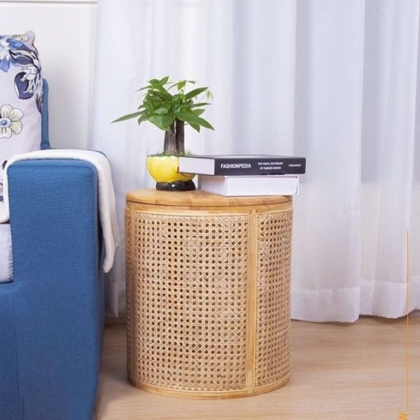 Traditional Japanese Cylinder Solid Wood Rattan End Table 1-Storage For Living Room - Image 11
