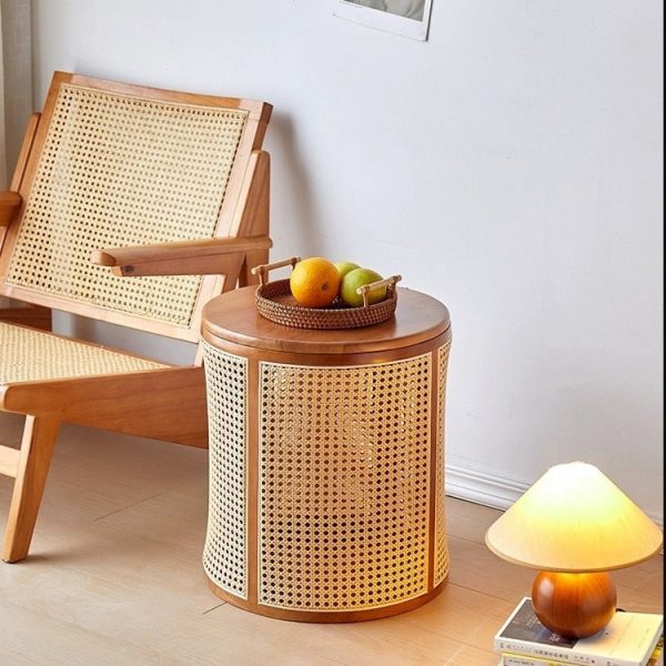 Traditional Japanese Cylinder Solid Wood Rattan End Table 1-Storage For Living Room - Image 2