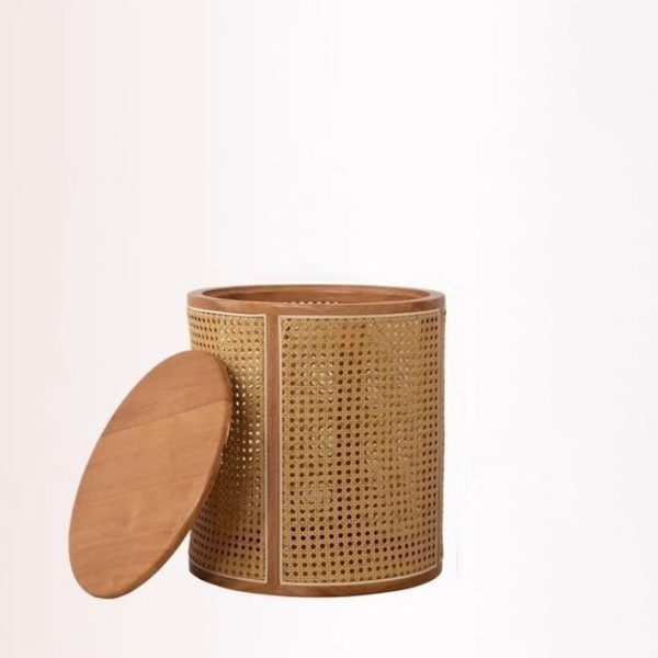 Traditional Japanese Cylinder Solid Wood Rattan End Table 1-Storage For Living Room - Image 12