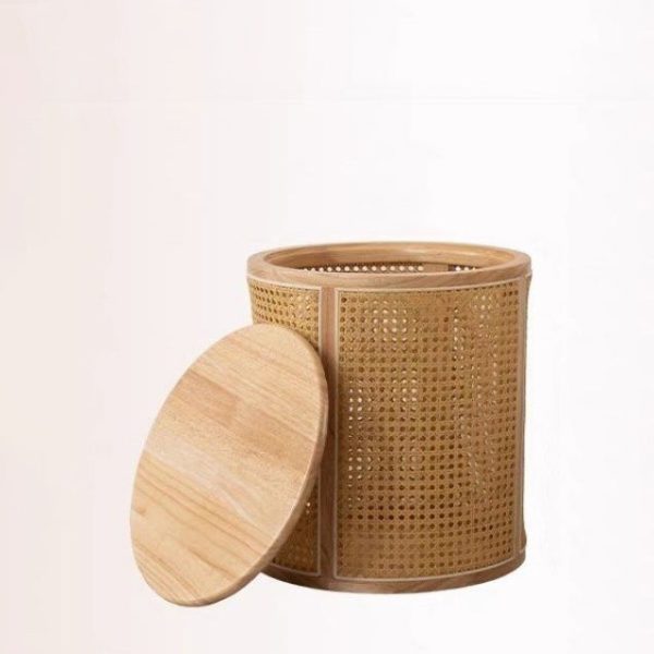 Traditional Japanese Cylinder Solid Wood Rattan End Table 1-Storage For Living Room - Image 13