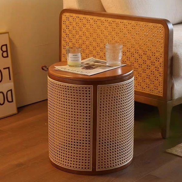 Traditional Japanese Cylinder Solid Wood Rattan End Table 1-Storage For Living Room - Image 3
