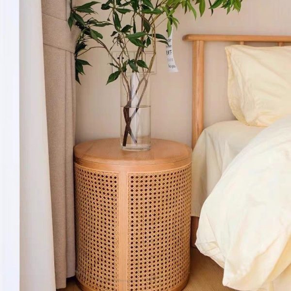 Traditional Japanese Cylinder Solid Wood Rattan End Table 1-Storage For Living Room - Image 9
