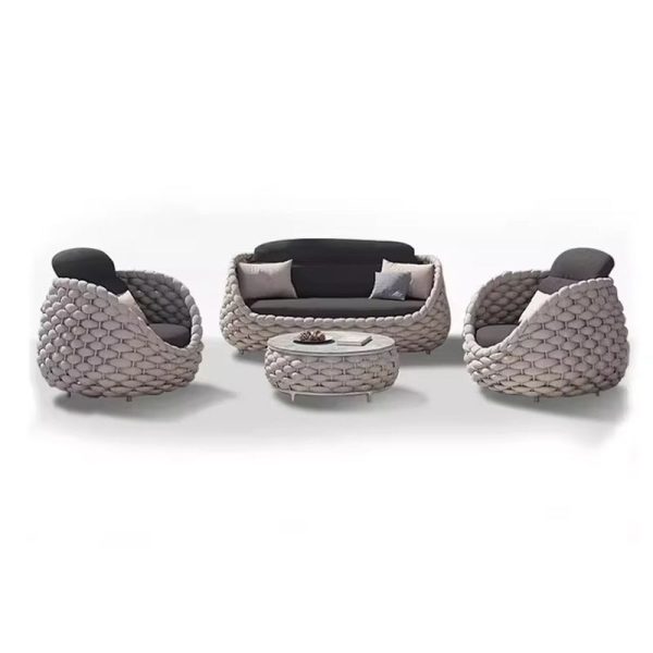 Contemporary Coastal Round Fabric Aluminum Rock Slab Coffee Table 1-Tier For Outdoor - Image 7