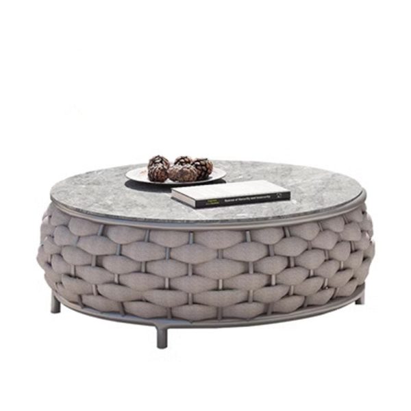 Contemporary Coastal Round Fabric Aluminum Rock Slab Coffee Table 1-Tier For Outdoor - Image 6