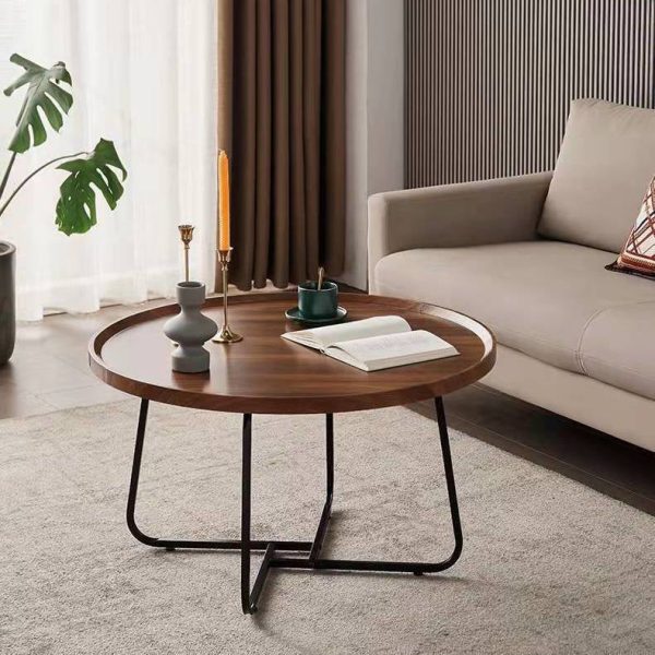 Contemporary Nordic Round Wood Iron Coffee Table 1-Tier For Living Room - Image 3