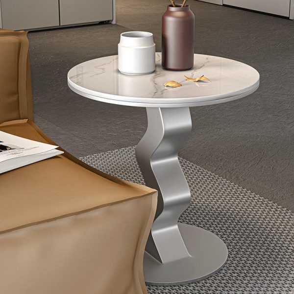 Contemporary Luxury Round Rock Slab Steel End Table 1-Tier For Living Room - Image 13
